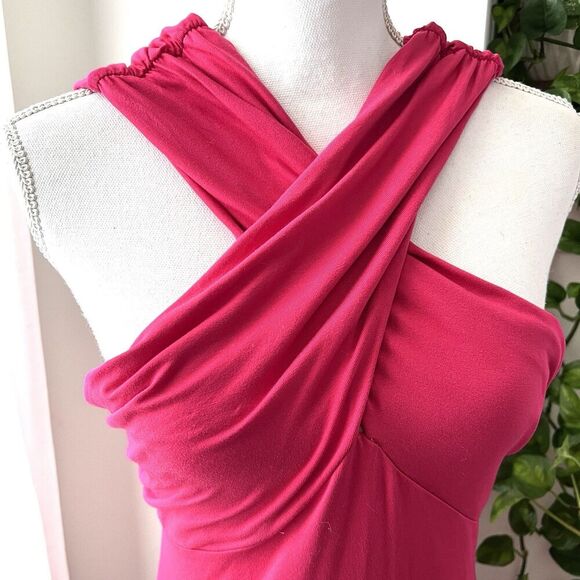 ASOS Hot Pink Criss Cross Viscose Blend Stretchy Party Dress Festival Size 12 - Picture 3 of 11